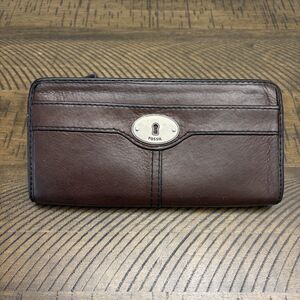 FOSSIL Dark Brown Genuine Leather L-Zip Corner Zip MARLOW Clutch Wallet Y2K VTG